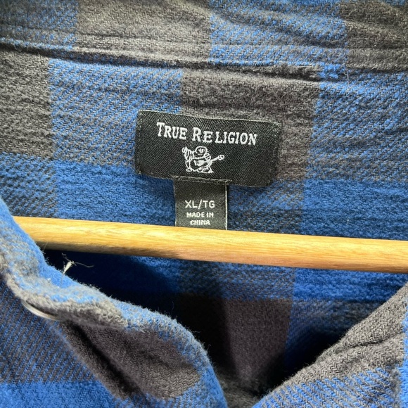 True Religion Blue Plaid Flannel Shirt Mens XL 100% Cotton Outdoors Manly 2102 - Picture 3 of 8
